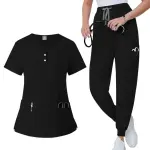 Women's Button-Front Scrubs Set - Classic Top with Jogger Pants