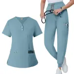 Women's Button-Front Scrubs Set - Classic Top with Jogger Pants