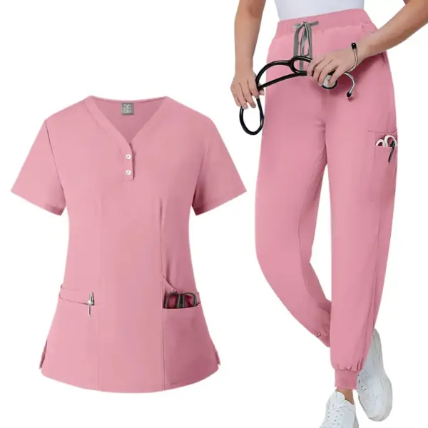 Women's Button-Front Scrubs Set - Classic Top with Jogger Pants